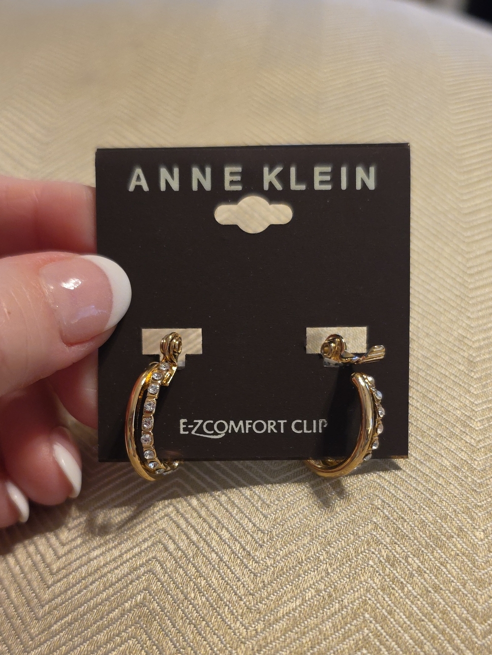 Anne Klein Gold Hoop Earrings with Clear Crystals (Clip)
